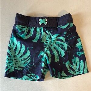 Navy and Green Leaf Print Swim Shorts